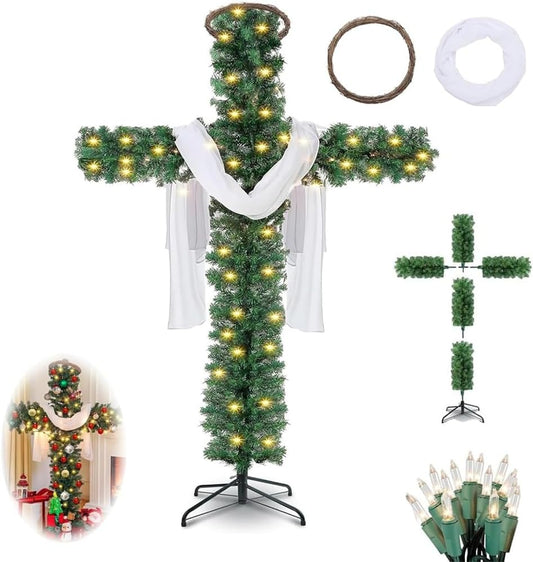 Christmas Tree Shaped like a Cross, Foldable Cross Christmas Tree, DIY Cross Shaped Christmas Tree 5-6 Ft with LED Light and White Silk Decor,Pre Lit Artificial Pine Christmas Cross Tree(6Ft)